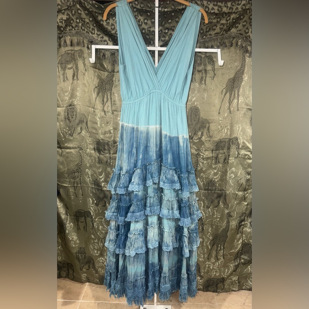 Light Blue Ombre Tiered Ruffle Maxi Dress